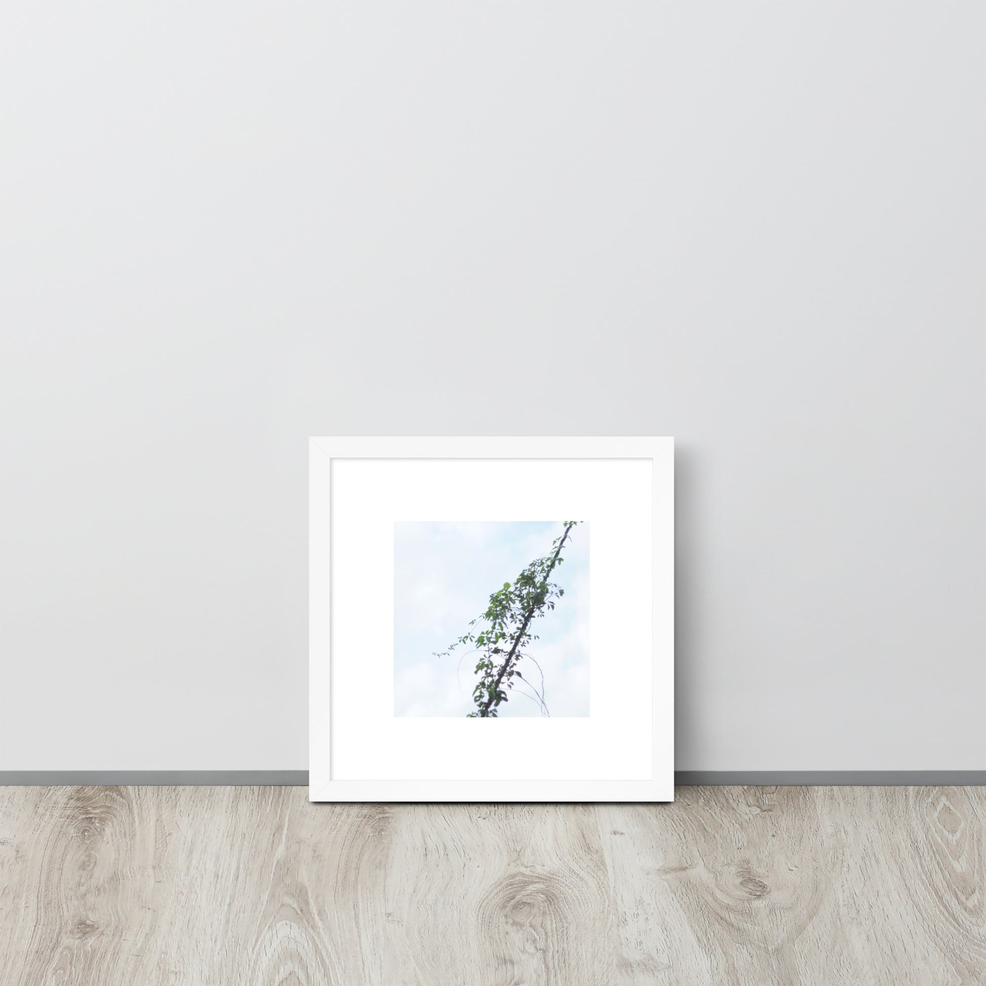 Minimalist mode style framed matte paper poster with a 'Vines Entangled on a Utility Pole' photo print and a white frame / モードストリート系フレーム付きポスター（ホワイトフレーム）、「電柱に絡まるツル」の写真プリント（壁掛けアート）