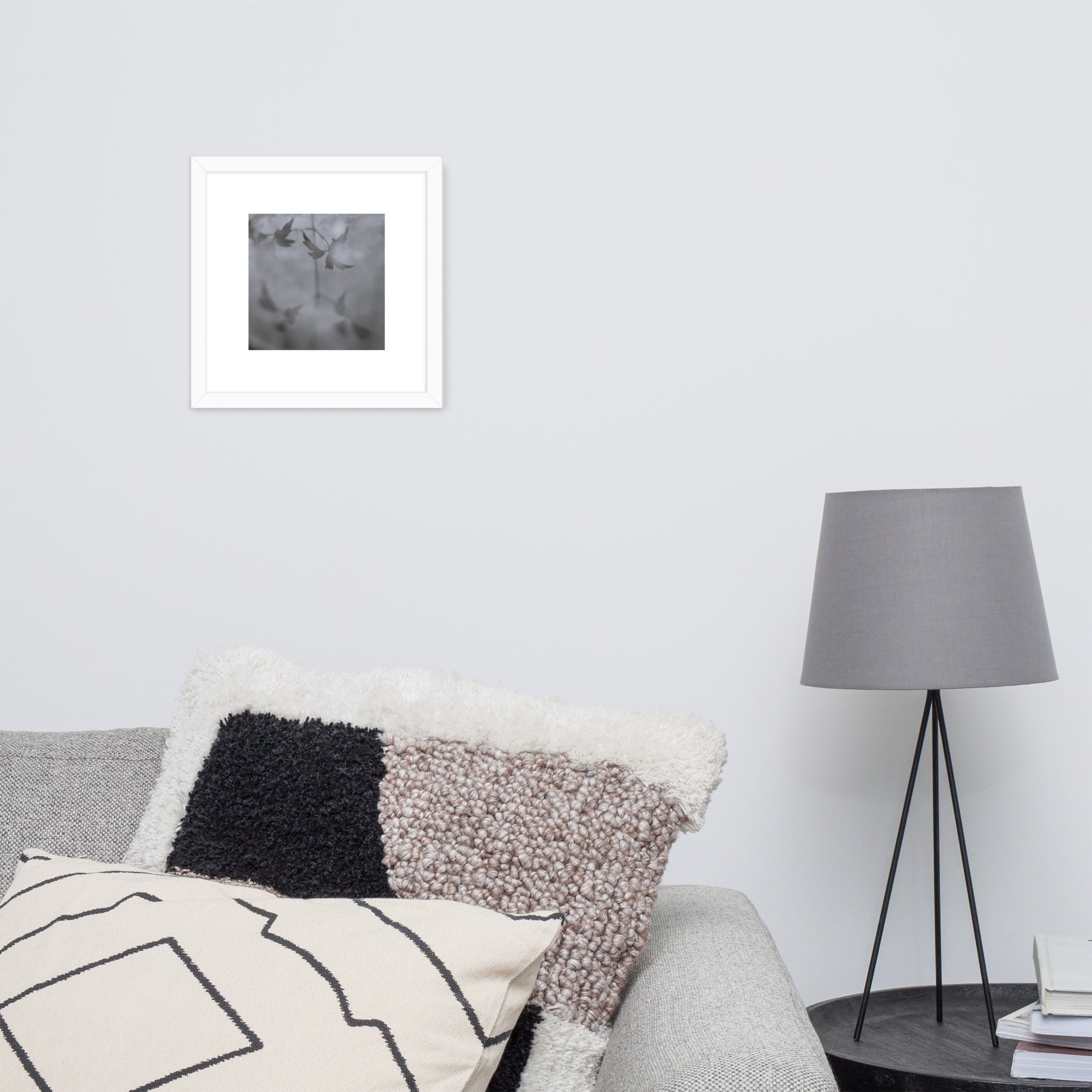 Minimalist mode style framed matte paper poster with a 'Water Surface & Leaves' black and white photo print and white frame / モードストリート系フレーム付きマット紙ポスター、「水面と葉」のモノクロ写真プリント（ホワイトフレーム）