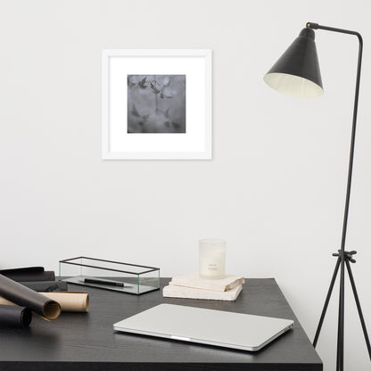 Minimalist mode style framed matte paper poster with a 'Water Surface & Leaves' black and white photo print and white frame / モードストリート系フレーム付きマット紙ポスター、「水面と葉」のモノクロ写真プリント（ホワイトフレーム）