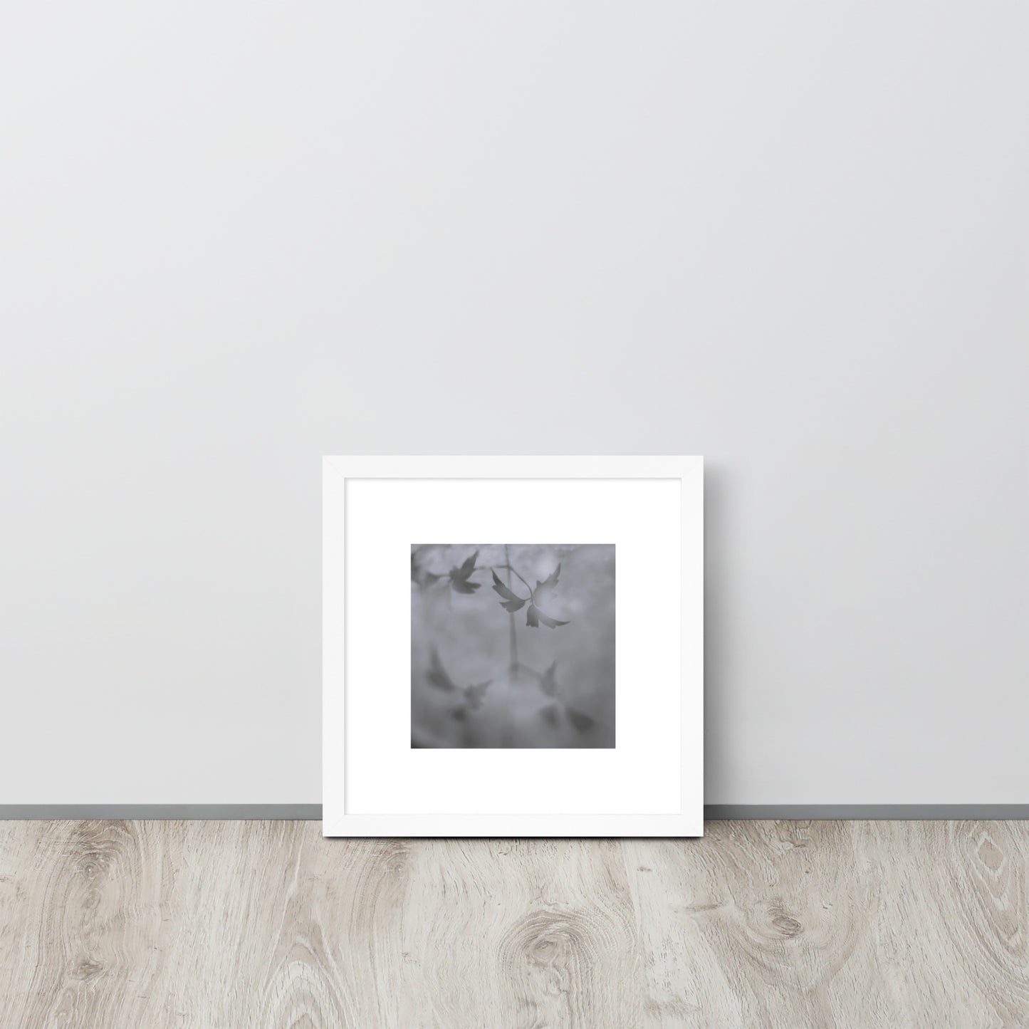 Minimalist mode style framed matte paper poster with a 'Water Surface & Leaves' black and white photo print and white frame / モードストリート系フレーム付きマット紙ポスター、「水面と葉」のモノクロ写真プリント（ホワイトフレーム）