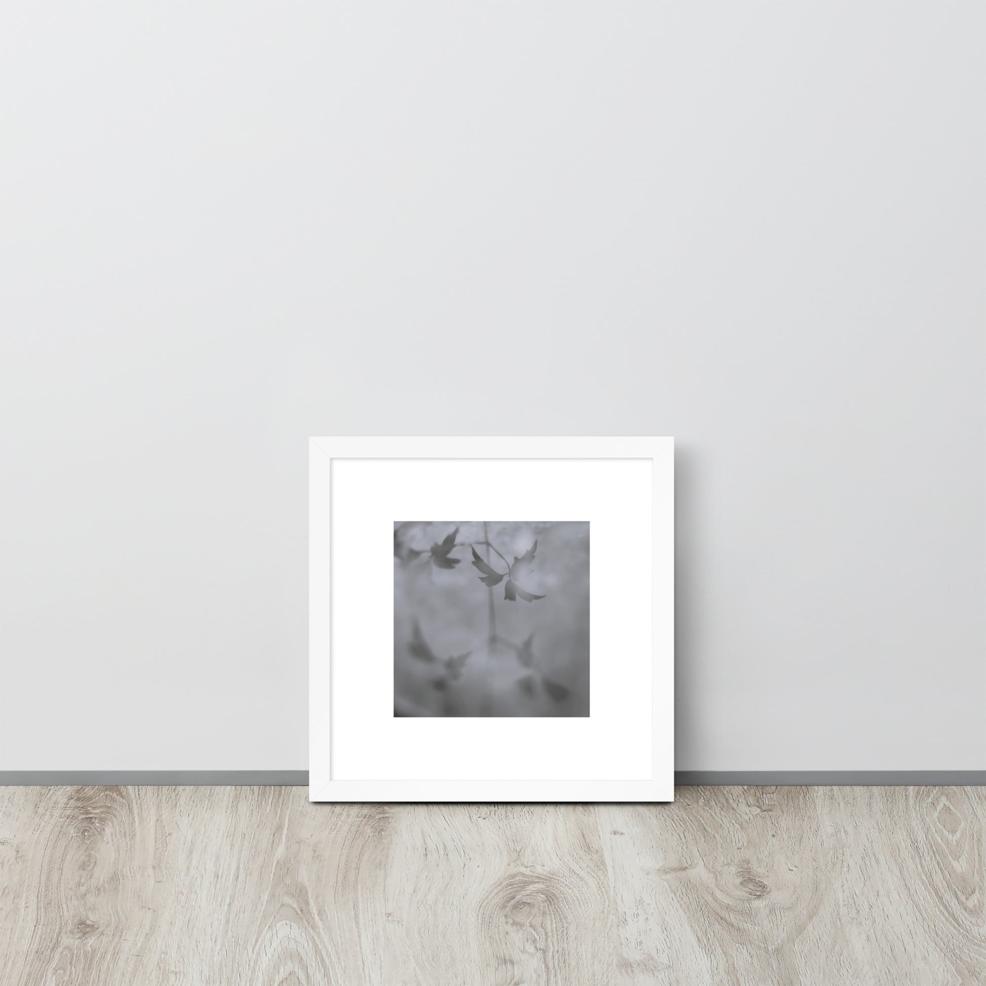 Minimalist mode style framed matte paper poster with a 'Water Surface & Leaves' black and white photo print and white frame / モードストリート系フレーム付きマット紙ポスター、「水面と葉」のモノクロ写真プリント（ホワイトフレーム）