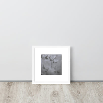 Minimalist mode style framed matte paper poster with a 'Water Surface & Leaves' black and white photo print and white frame / モードストリート系フレーム付きマット紙ポスター、「水面と葉」のモノクロ写真プリント（ホワイトフレーム）