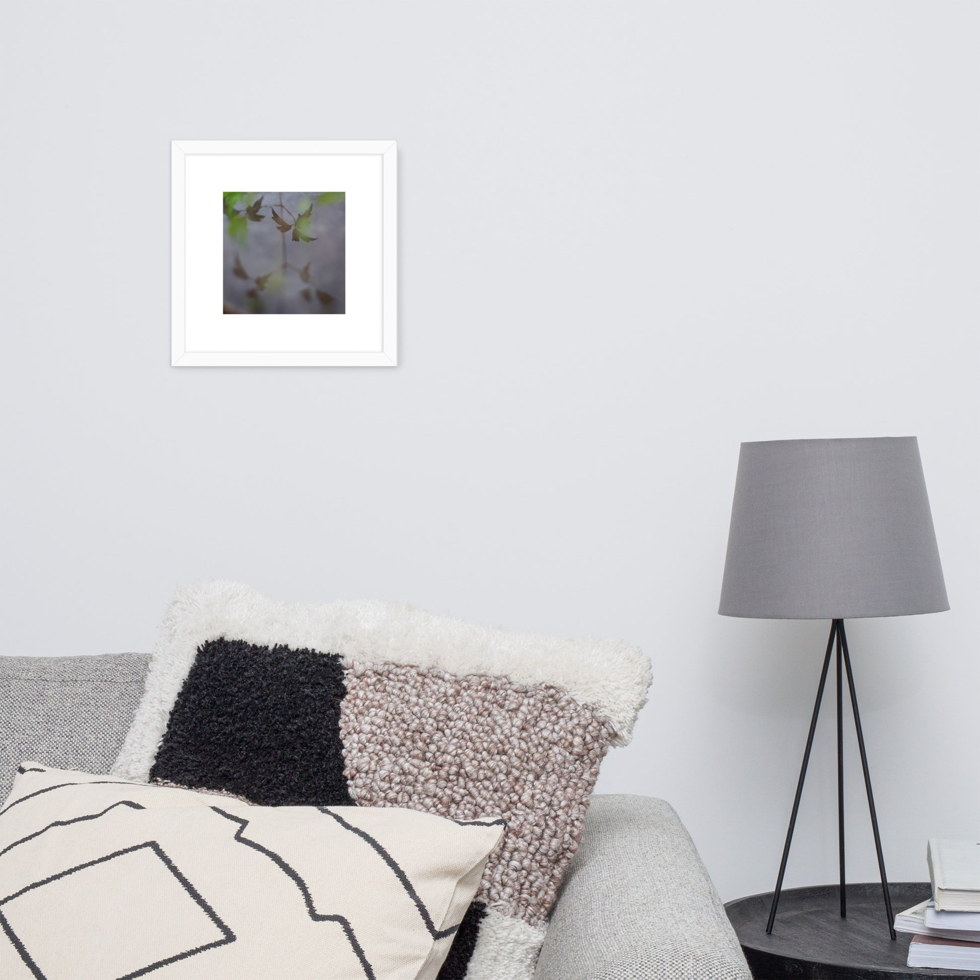 Minimalist mode style framed matte paper poster with a 'Water Surface & Leaves' art print and white frame / モードストリート系フレーム付きマット紙ポスター、「水面と葉」のアートプリント（ホワイトフレーム）