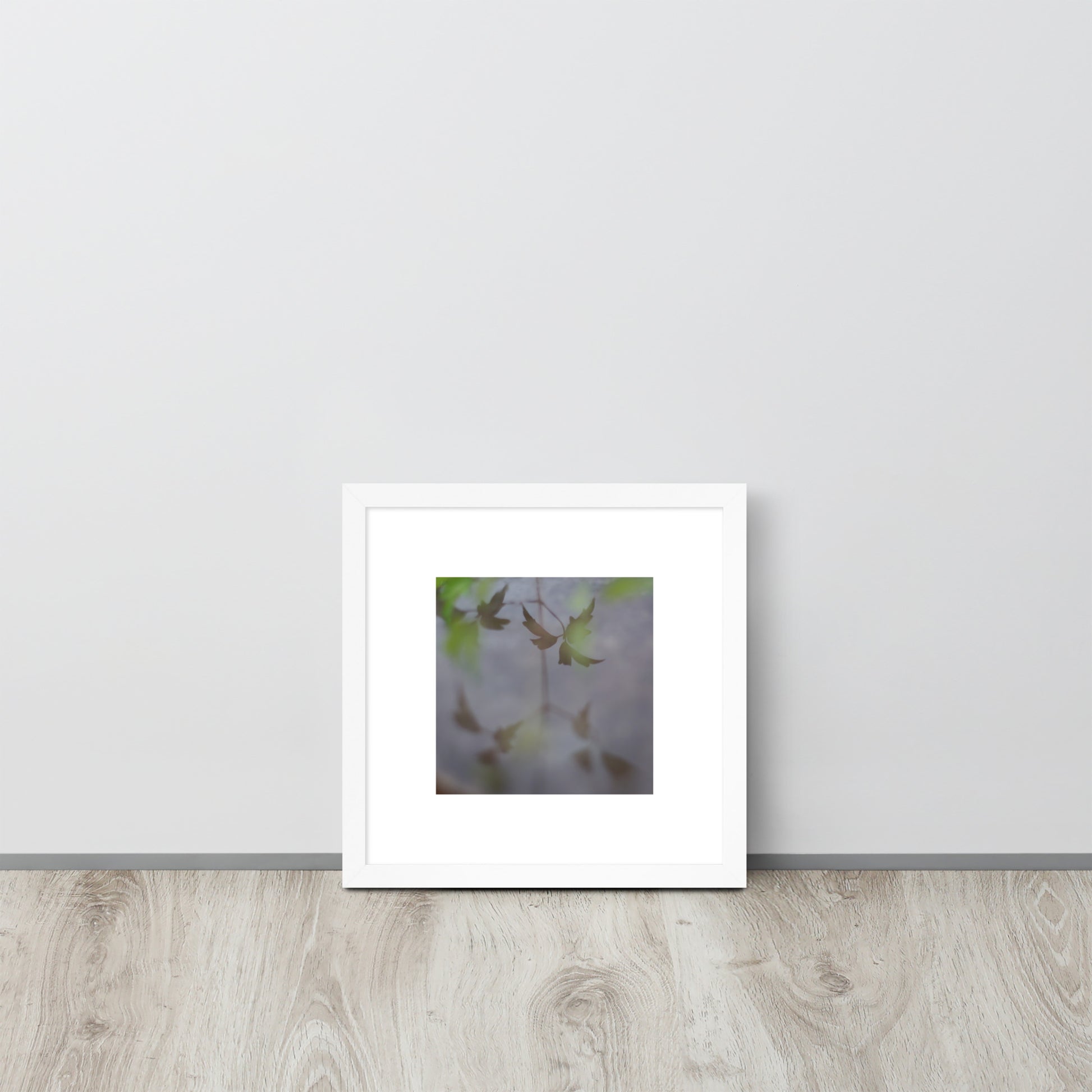 Minimalist mode style framed matte paper poster with a 'Water Surface & Leaves' art print and white frame / モードストリート系フレーム付きマット紙ポスター、「水面と葉」のアートプリント（ホワイトフレーム）