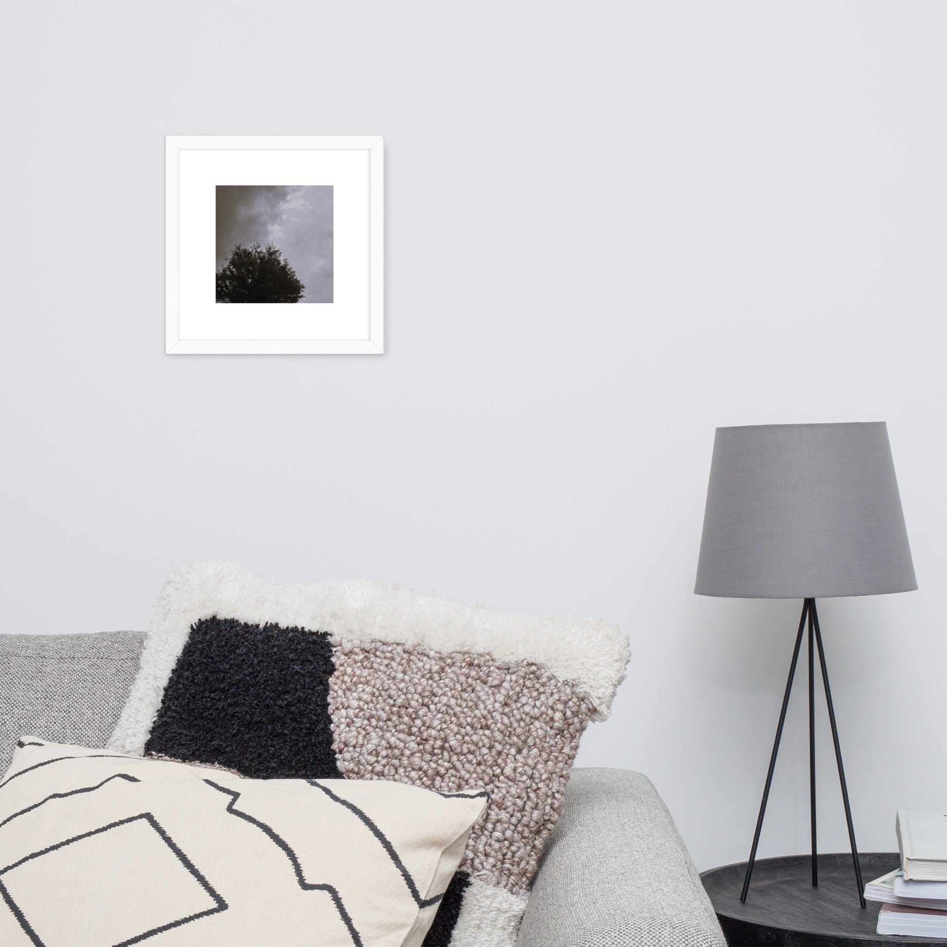 Minimalist mode style framed matte paper poster with a 'Clouds & Tree' black and white photo print and white frame / モードストリート系フレーム付きマット紙ポスター、「Clouds & Tree（雲と木）」のモノクロ写真プリント（ホワイトフレーム）