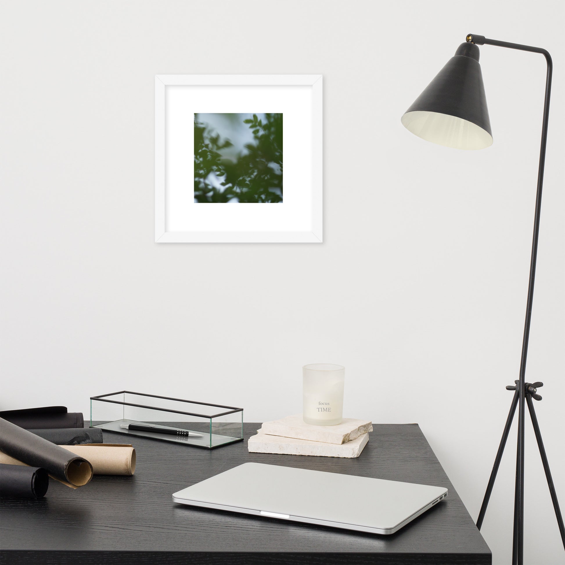 Minimalist streetwear style framed wall art in matte white, featuring a 'Tree Branches' botanical photograph. / Tree Branches 額装ポスター（ホワイトフレーム）：クリーンな白枠がモダンな空間を演出する、モードストリート系ミニマリスト・インテリアアート。