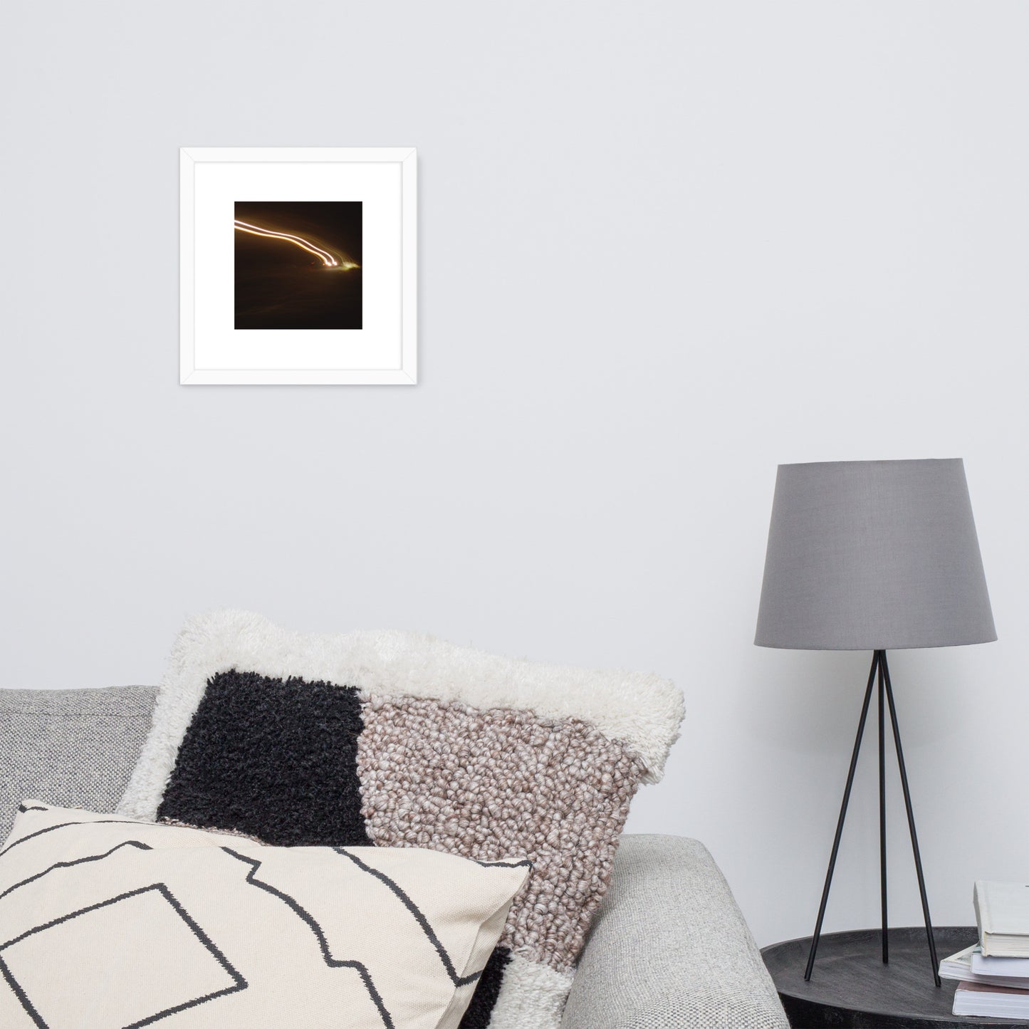 Minimalist streetwear style framed wall art in matte white, featuring a 'Night Car Lights' photograph. / Night Car Lights 額装ポスター（ホワイトフレーム）：クリーンな白枠がモダンな空間を演出する、都会的夜景のモードストリート系インテリアアート。