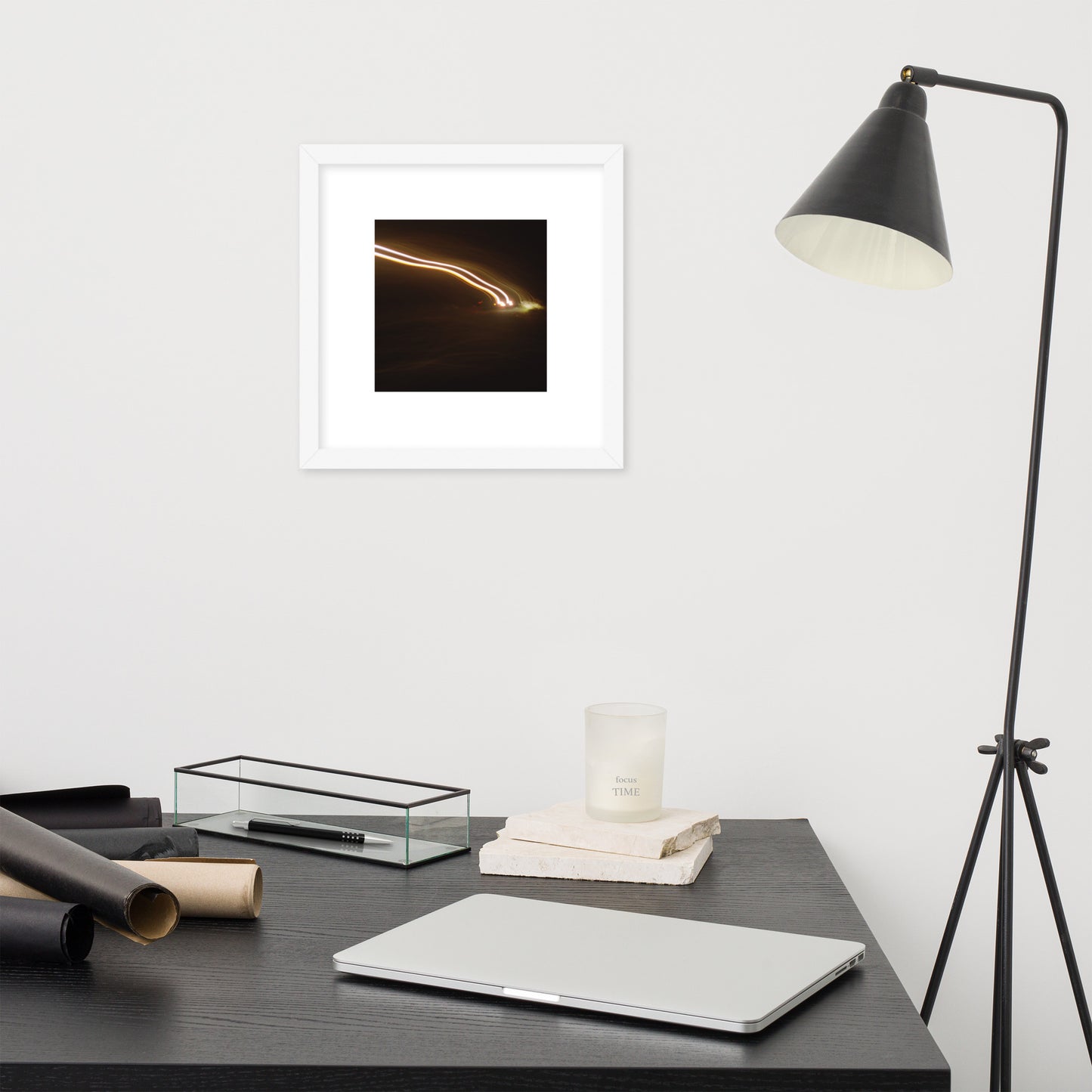 Minimalist streetwear style framed wall art in matte white, featuring a 'Night Car Lights' photograph. / Night Car Lights 額装ポスター（ホワイトフレーム）：クリーンな白枠がモダンな空間を演出する、都会的夜景のモードストリート系インテリアアート。