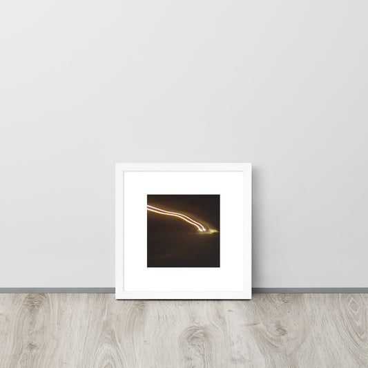 Minimalist streetwear style framed wall art in matte white, featuring a 'Night Car Lights' photograph. / Night Car Lights 額装ポスター（ホワイトフレーム）：クリーンな白枠がモダンな空間を演出する、都会的夜景のモードストリート系インテリアアート。