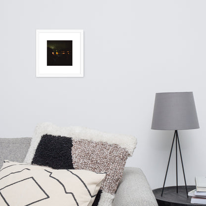 Minimalist streetwear style framed wall art in matte white, featuring a 'Night Light' photograph. / Night Light 額装ポスター（ホワイトフレーム）：クリーンな白枠がモダンな空間を演出する、夜の光の風景を捉えたモードストリート系インテリアアート。