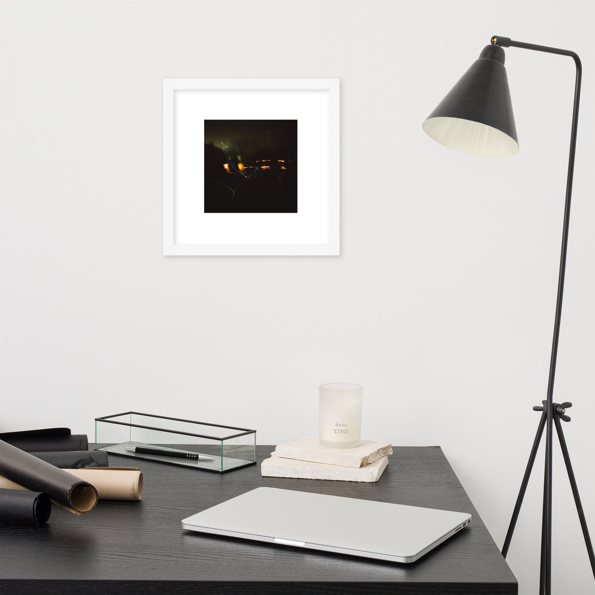Minimalist streetwear style framed wall art in matte white, featuring a 'Night Light' photograph. / Night Light 額装ポスター（ホワイトフレーム）：クリーンな白枠がモダンな空間を演出する、夜の光の風景を捉えたモードストリート系インテリアアート。