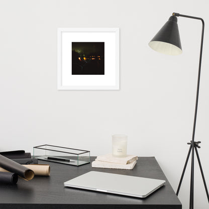 Minimalist streetwear style framed wall art in matte white, featuring a 'Night Light' photograph. / Night Light 額装ポスター（ホワイトフレーム）：クリーンな白枠がモダンな空間を演出する、夜の光の風景を捉えたモードストリート系インテリアアート。