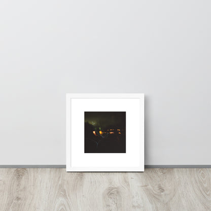 Minimalist streetwear style framed wall art in matte white, featuring a 'Night Light' photograph. / Night Light 額装ポスター（ホワイトフレーム）：クリーンな白枠がモダンな空間を演出する、夜の光の風景を捉えたモードストリート系インテリアアート。