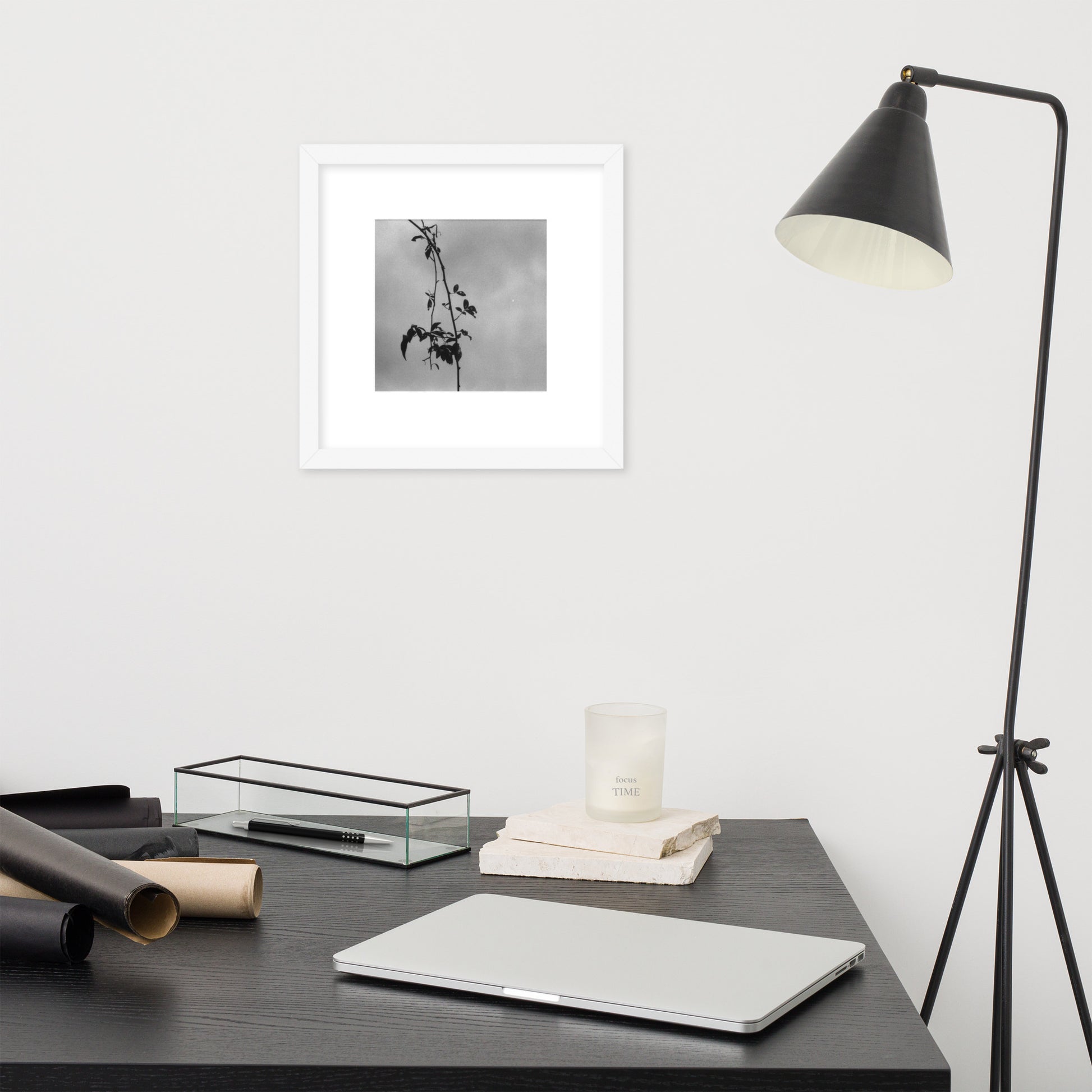 Minimalist streetwear style framed matte paper poster in white frame featuring the 'Tree Branches (B&W)' photo art. / モードストリート系フレーム付きマットペーパーポスター（ホワイトフレーム）：「木の枝（モノクロ）」のフォトアートを配したデザイン。
