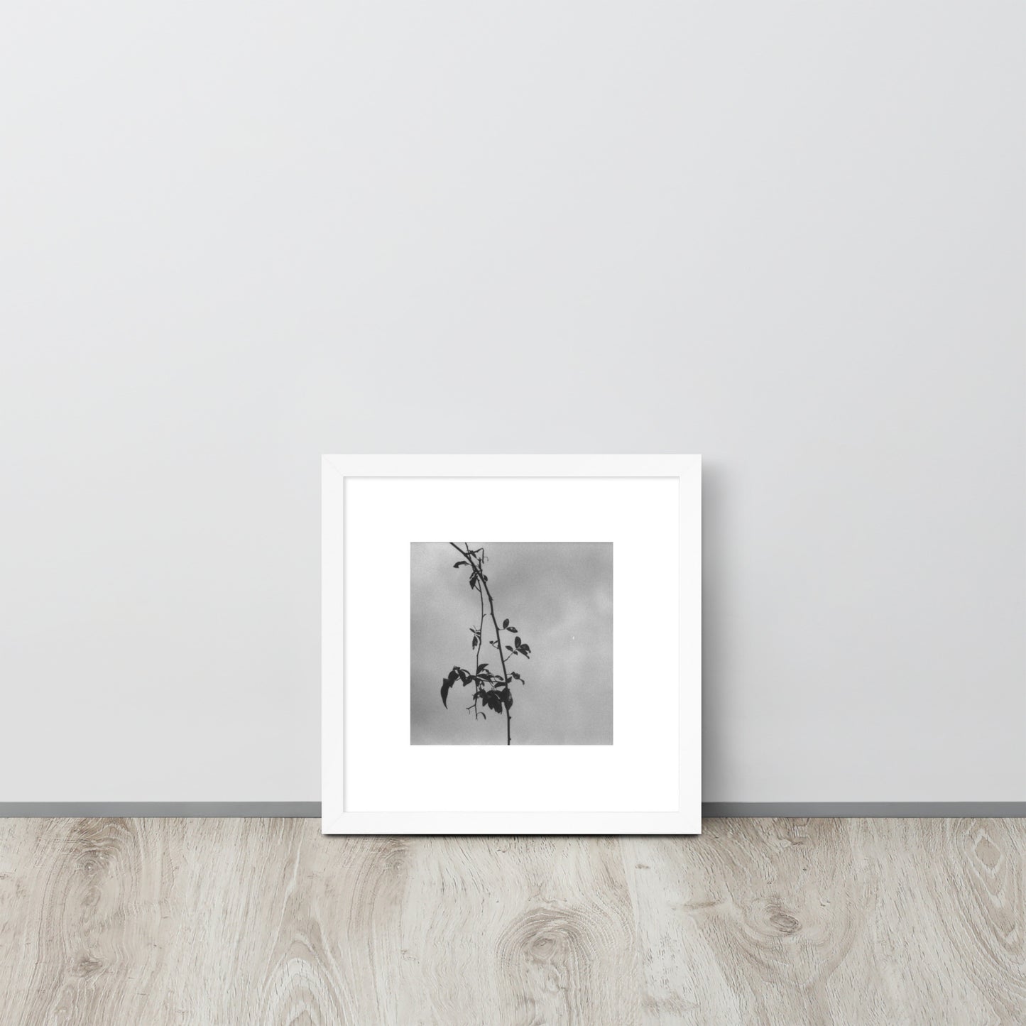 Minimalist streetwear style framed matte paper poster in white frame featuring the 'Tree Branches (B&W)' photo art. / モードストリート系フレーム付きマットペーパーポスター（ホワイトフレーム）：「木の枝（モノクロ）」のフォトアートを配したデザイン。