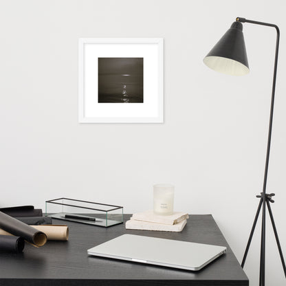 Minimalist streetwear style framed matte paper poster in white frame featuring the 'Sea and Sunshine (B&W)' photo art. / モードストリート系フレーム付きマットペーパーポスター（ホワイトフレーム）：「海と太陽（モノクロ）」のフォトアートを配したデザイン。