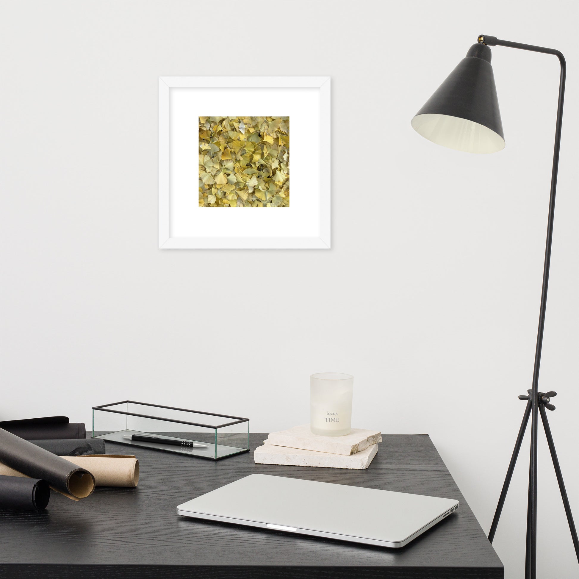 Minimalist art framed matte paper poster in white frame featuring the 'Ginkgo Fallen Leaves' photo art. / フレーム付きマットペーパーポスター（ホワイトフレーム）：「イチョウの落ち葉」のフォトアートを配したミニマリストデザイン。