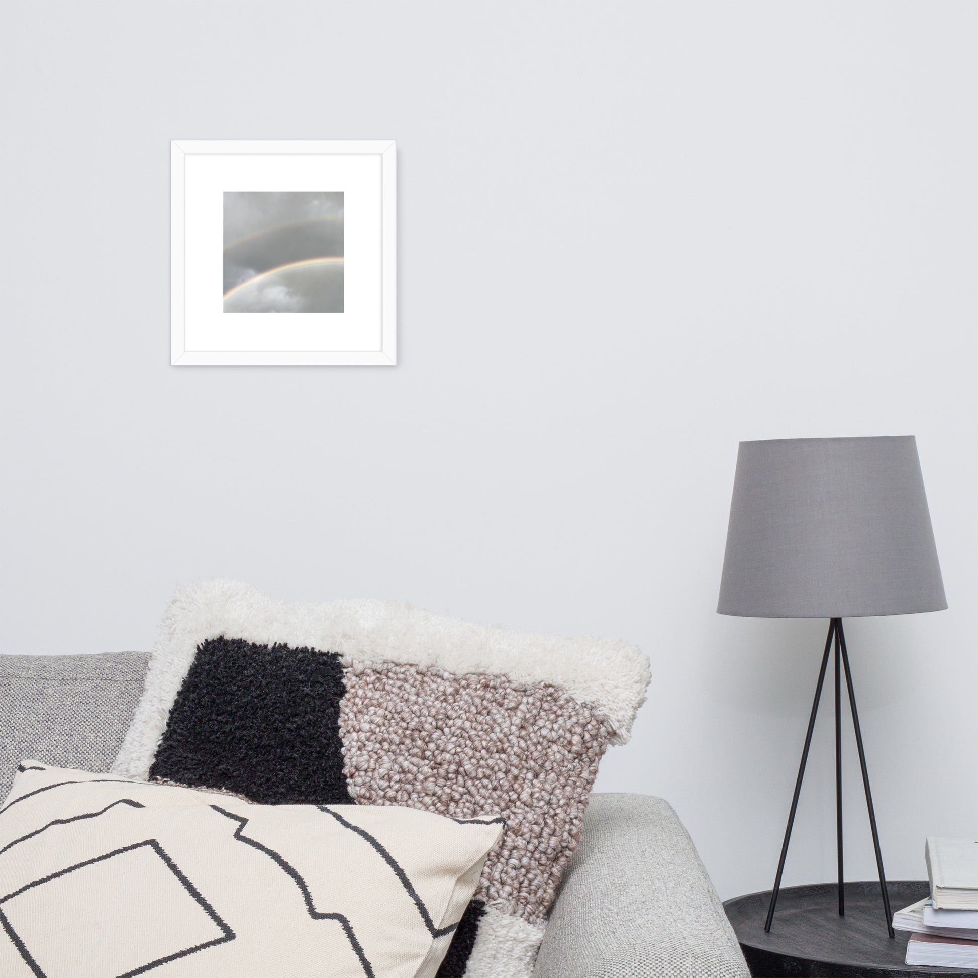 Minimalist art framed matte paper poster in white frame featuring the 'Double Rainbow' photo art. / フレーム付きマットペーパーポスター（ホワイトフレーム）：「ダブルレインボー」のフォトアートを配したミニマリストデザイン。