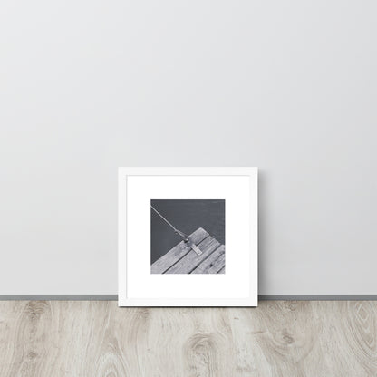 Minimalist art framed matte paper poster in white frame featuring the 'Ocean Pier (B&W)' photo art. / フレーム付きマットペーパーポスター（ホワイトフレーム）：「海の桟橋 (モノクロ)」のフォトアートを配したミニマリストデザイン。