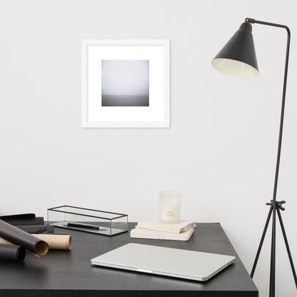 Minimalist art framed matte paper poster in white frame featuring the 'Ocean Horizon (B&W)' photo art. / フレーム付きマットペーパーポスター（ホワイトフレーム）：「オーシャンホライズン (モノクロ)」のフォトアートを配したミニマリストデザイン。
