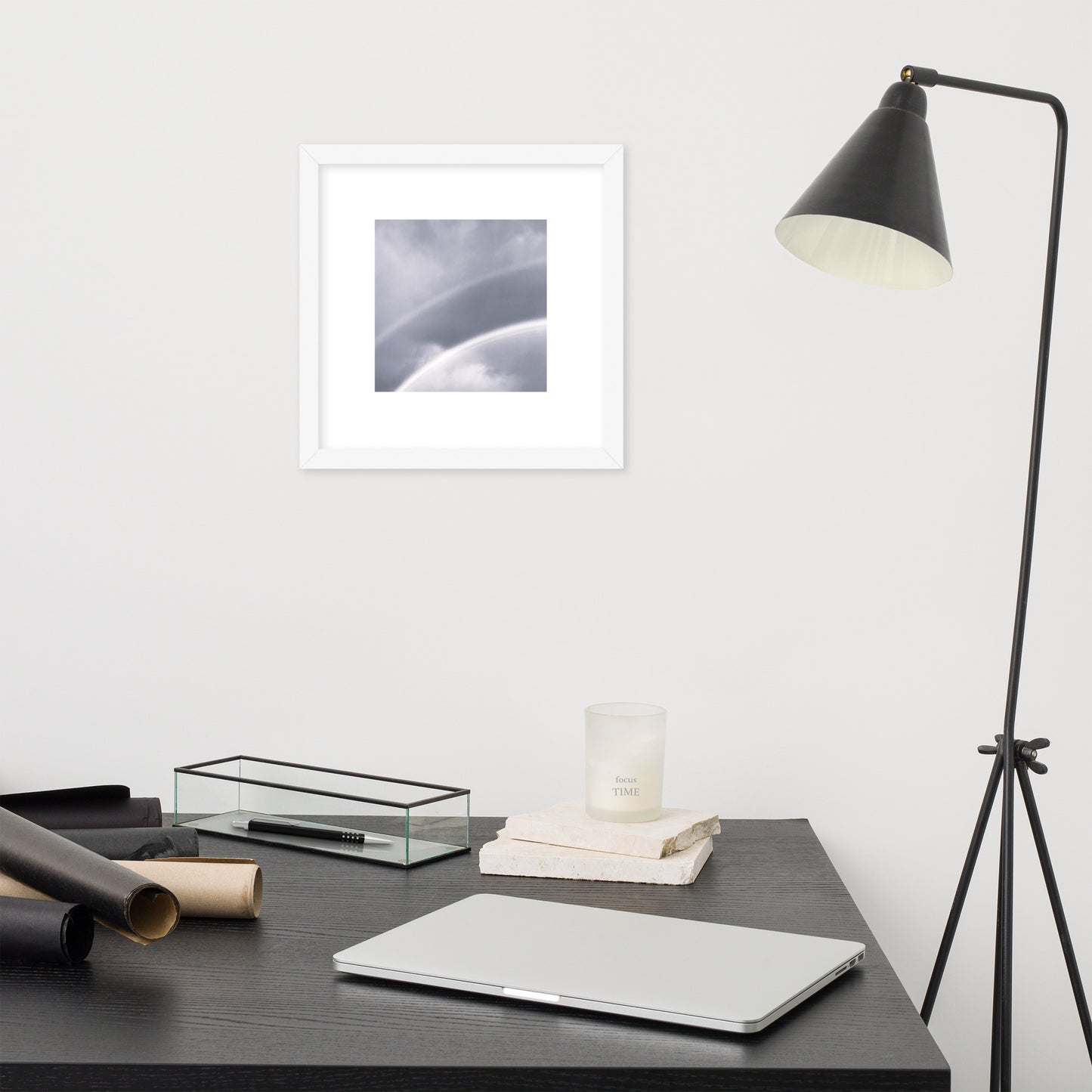 Double Rainbow Botanical B&W Art – Framed Matte Paper Poster, White Frame, Front View