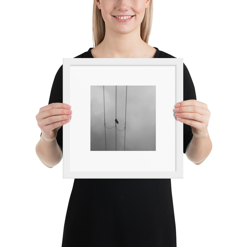 Crow and Power Lines B&W Art – Framed Matte Paper Poster, White Frame, Front View