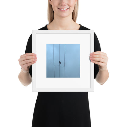 Crow and Power Lines Art – Framed Matte Paper Poster, White Frame, Front View