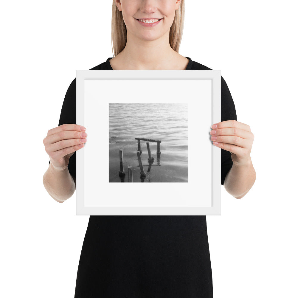 Decayed Pier (B&W) - Framed Matte Paper Poster, White, Front View