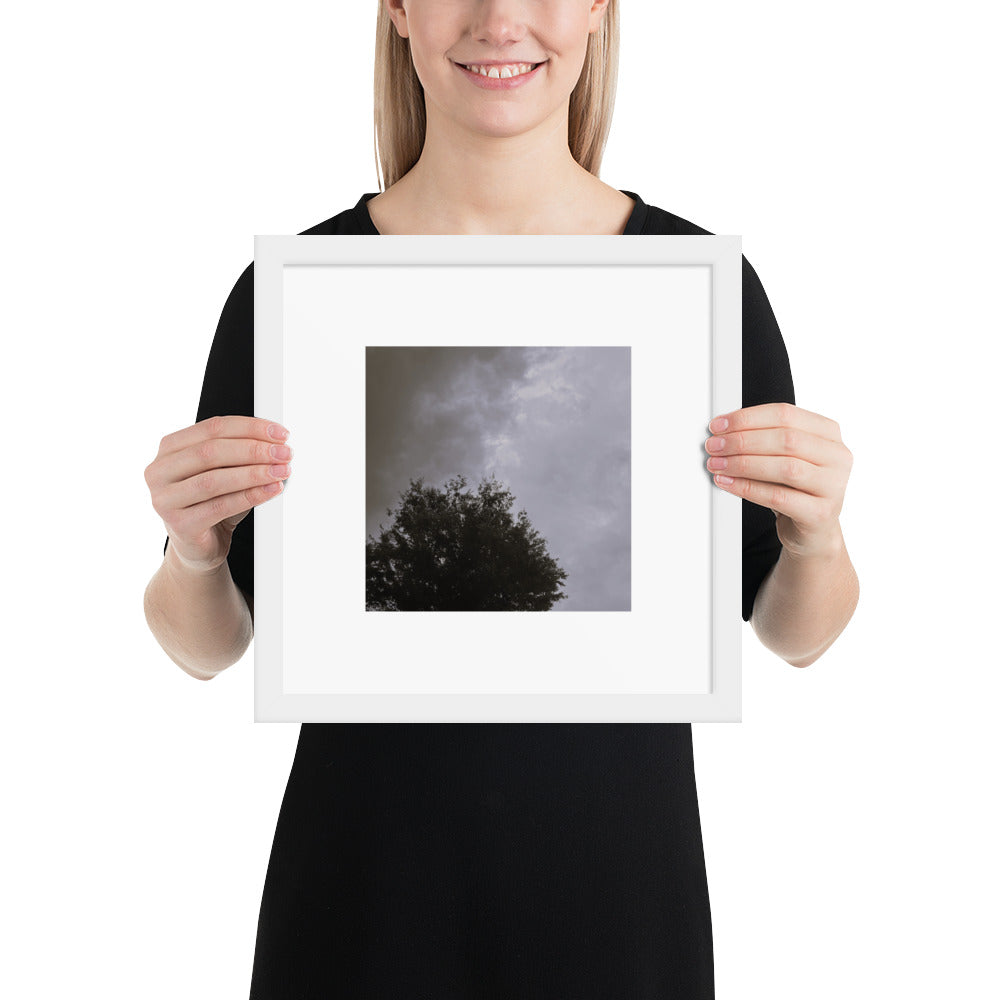 Minimalist mode style framed matte paper poster with a 'Clouds & Tree' black and white photo print and white frame / モードストリート系フレーム付きマット紙ポスター、「Clouds & Tree（雲と木）」のモノクロ写真プリント（ホワイトフレーム）