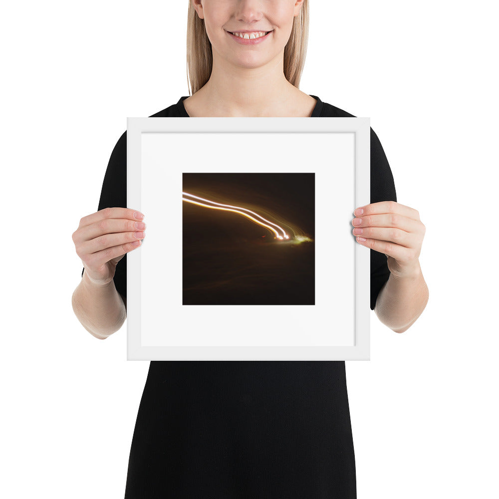 Minimalist streetwear style framed wall art in matte white, featuring a 'Night Car Lights' photograph. / Night Car Lights 額装ポスター（ホワイトフレーム）：クリーンな白枠がモダンな空間を演出する、都会的夜景のモードストリート系インテリアアート。