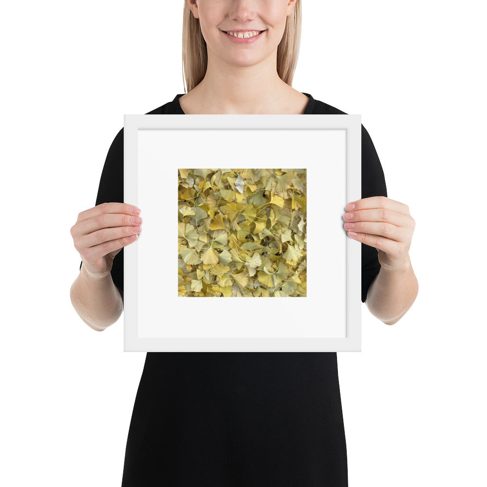 Minimalist art framed matte paper poster in white frame featuring the 'Ginkgo Fallen Leaves' photo art. / フレーム付きマットペーパーポスター（ホワイトフレーム）：「イチョウの落ち葉」のフォトアートを配したミニマリストデザイン。