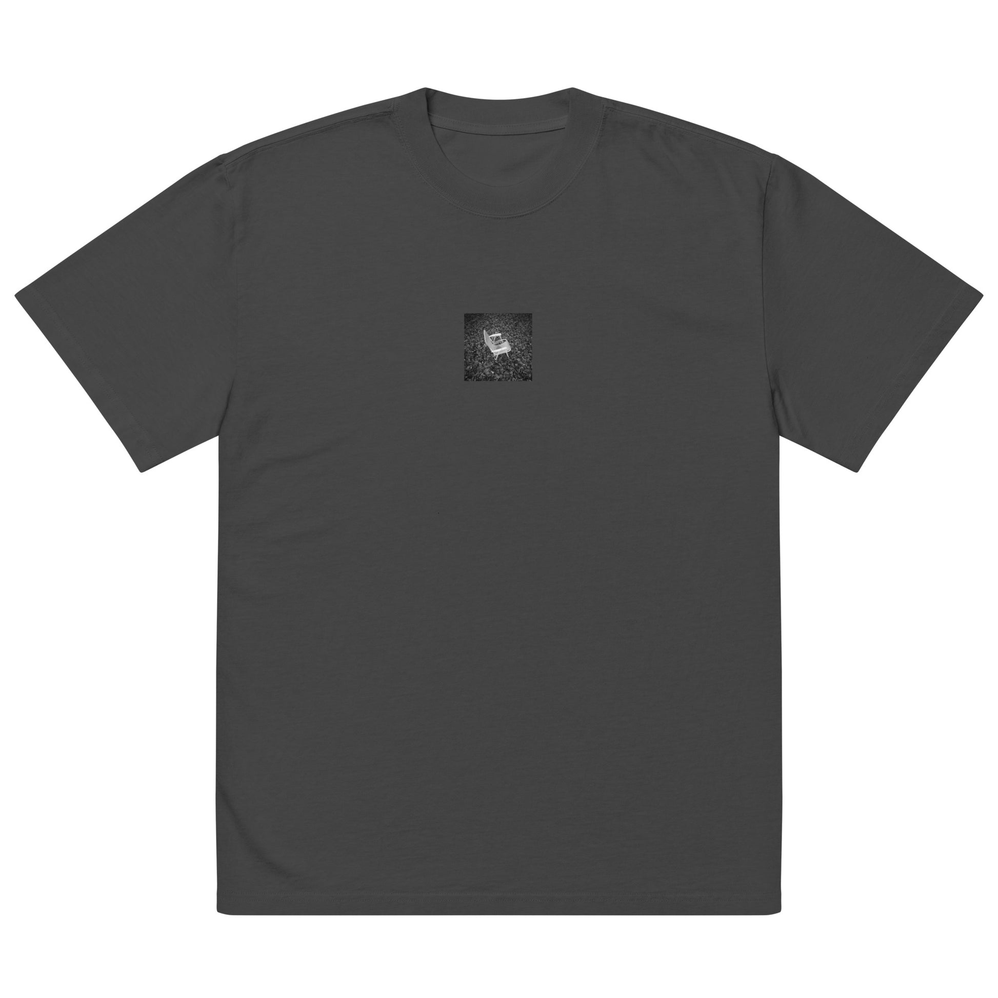 Fallen Leaves and Chair (B&W) Art – Oversized Faded T-Shirt, Faded Black, Front View