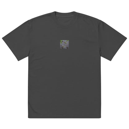 Minimalist mode style unisex faded black oversized faded t-shirt with a 'Water Surface & Leaves' art print / モードストリート系ユニセックス・フェイデッドブラック・オーバーサイズ・フェイデッドTシャツ、フロントに「水面と葉」のアートプリント（Tシャツ）