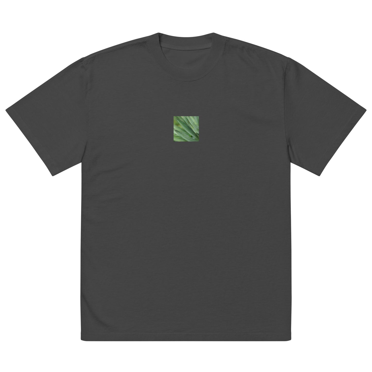 Minimalist streetwear style unisex oversized faded T-shirt in washed black, featuring a vibrant Yucca plant color photograph on the chest. A modern, vintage-inspired essential with a relaxed, premium fit. / モードストリート系ユニセックス・フェードブラック・オーバーサイズTシャツ。フロントにユッカ植物のカラー写真プリント。ヴィンテージ感のある色落ち加工が特徴のミニマリスト・ストリートウェア。