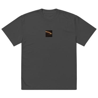 Minimalist streetwear style unisex oversized faded T-shirt in washed black, featuring a 'Night Car Lights' photograph print. / Night Car Lights オーバーサイズ・フェードTシャツ（フェードブラック）：ヴィンテージ感あるウォッシュ加工。都会の夜景写真が映えるモードストリート系Tシャツ。