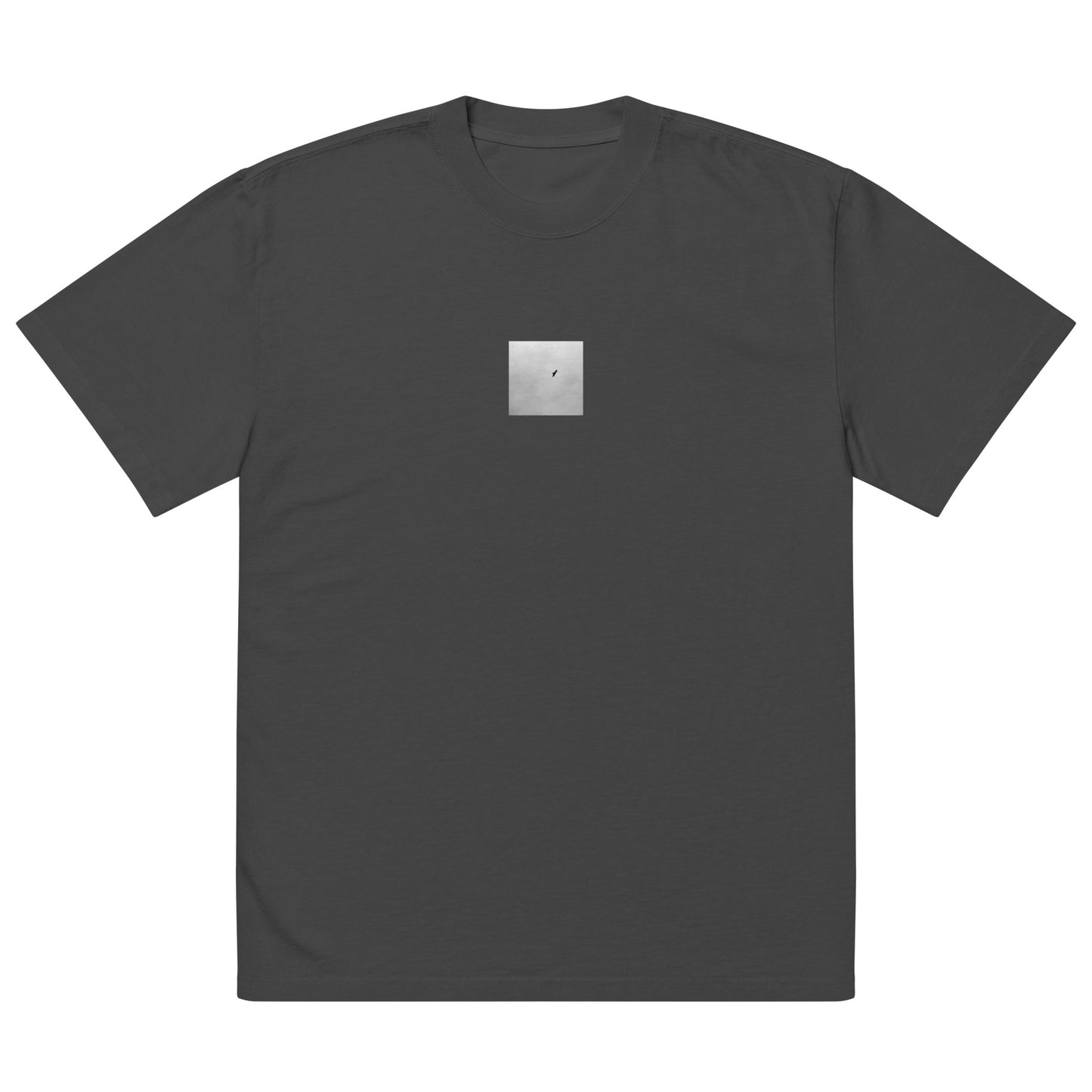 Minimalist streetwear style unisex oversized faded T-shirt in washed black, featuring a 'Bird and Sky (B&W)' photograph print. / Bird and Sky (B&W) オーバーサイズ・フェードTシャツ（フェードブラック）：ヴィンテージ感あるウォッシュ加工。空を舞う鳥のモノクロ写真が映えるモードストリート系Tシャツ。