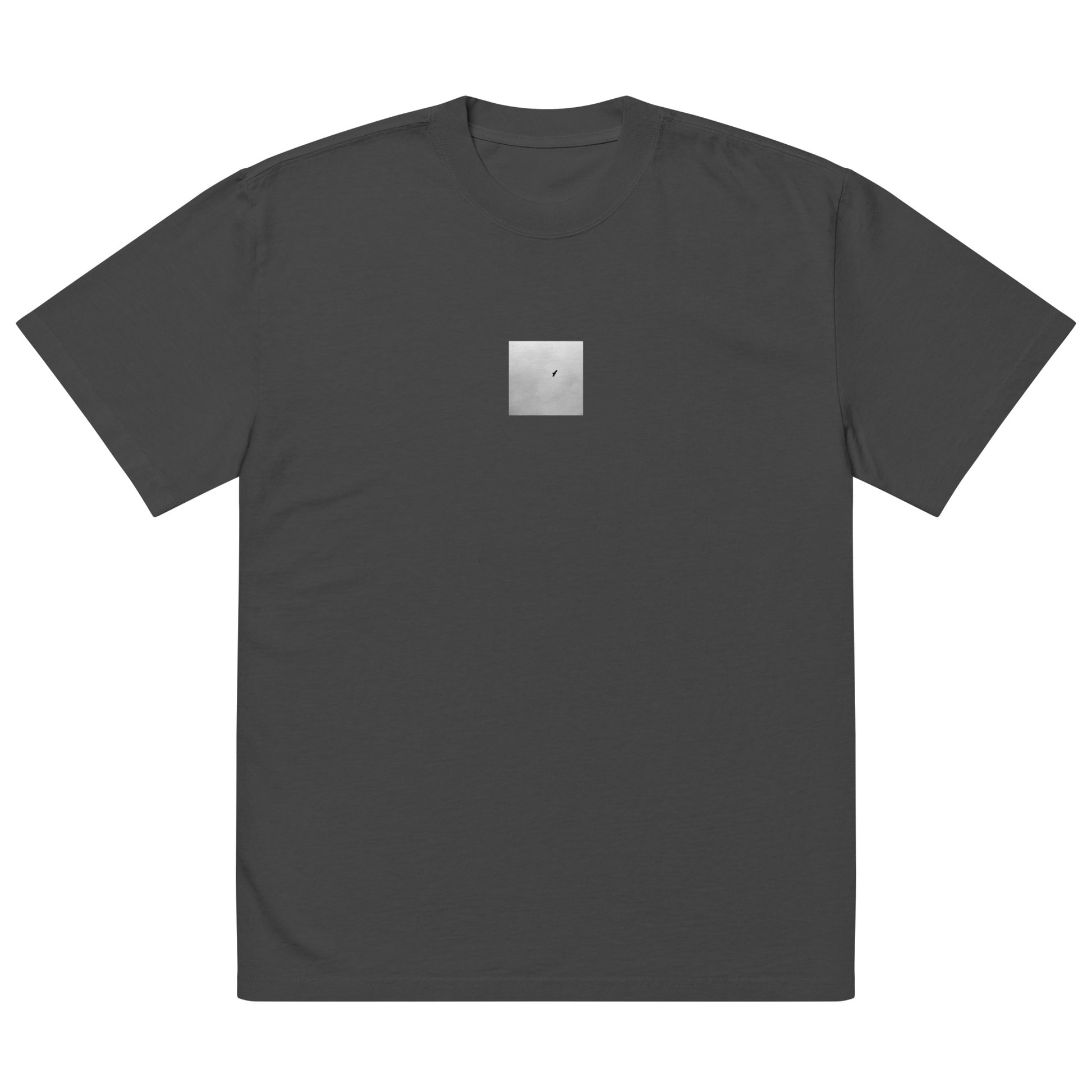 Minimalist streetwear style unisex oversized faded T-shirt in washed black, featuring a 'Bird and Sky (B&W)' photograph print. / Bird and Sky (B&W) オーバーサイズ・フェードTシャツ（フェードブラック）：ヴィンテージ感あるウォッシュ加工。空を舞う鳥のモノクロ写真が映えるモードストリート系Tシャツ。