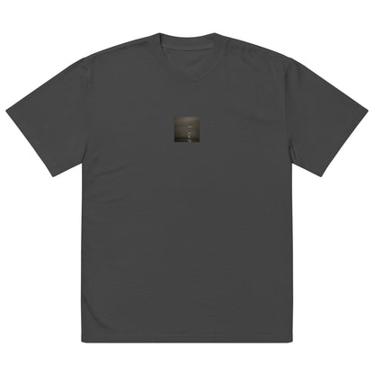 Minimalist streetwear style oversized faded T-shirt in black featuring the 'Sea and Sunshine (B&W)' photo art on the front. / モードストリート系オーバーサイズ・フェードTシャツ（ブラック）フロントに「海と太陽（モノクロ）」のフォトアートを配したデザイン。