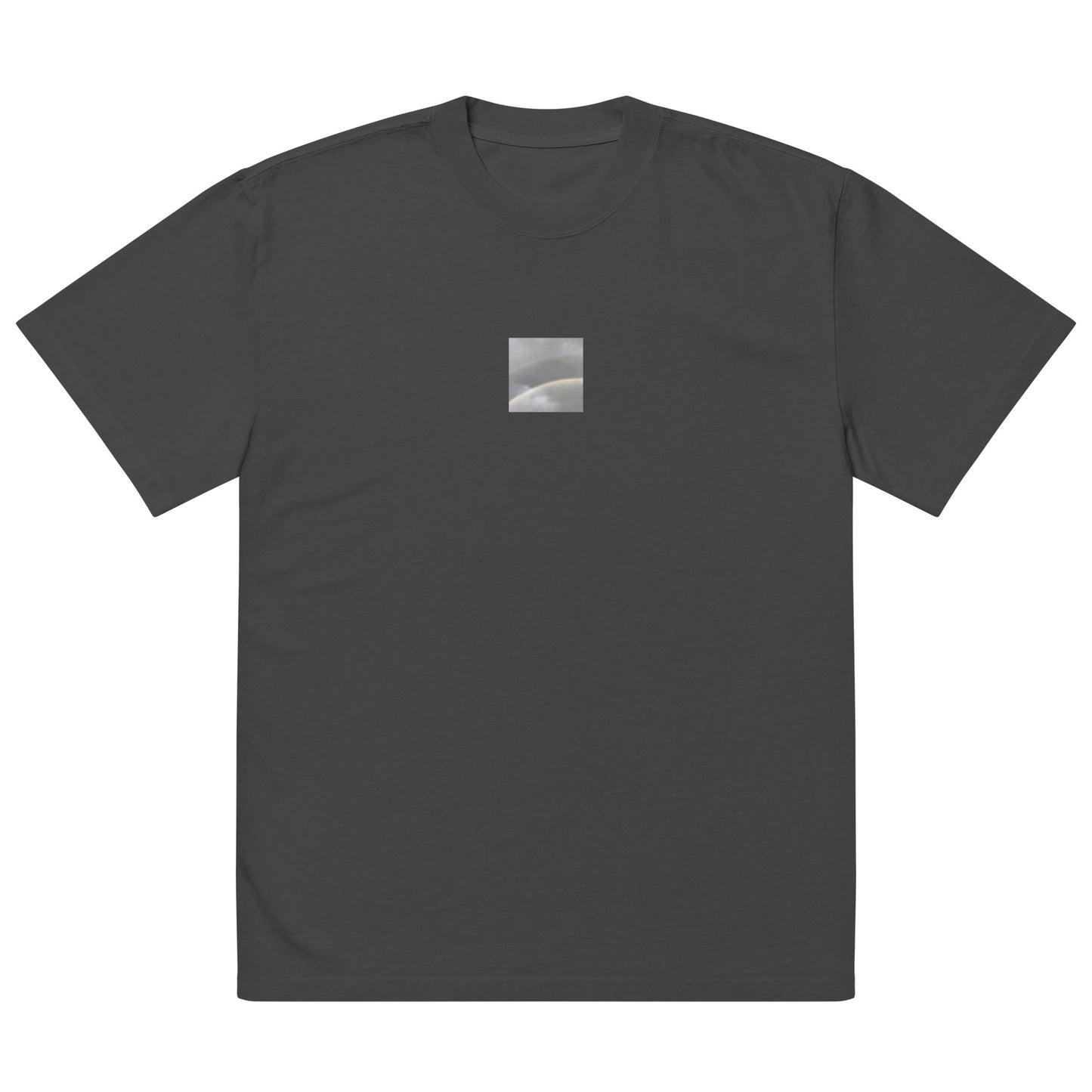 Minimalist streetwear style oversized faded T-shirt in black featuring the 'Double Rainbow' photo art on the front. / モードストリート系オーバーサイズ・フェードTシャツ（ブラック）フロントに「ダブルレインボー」のフォトアートを配したデザイン。