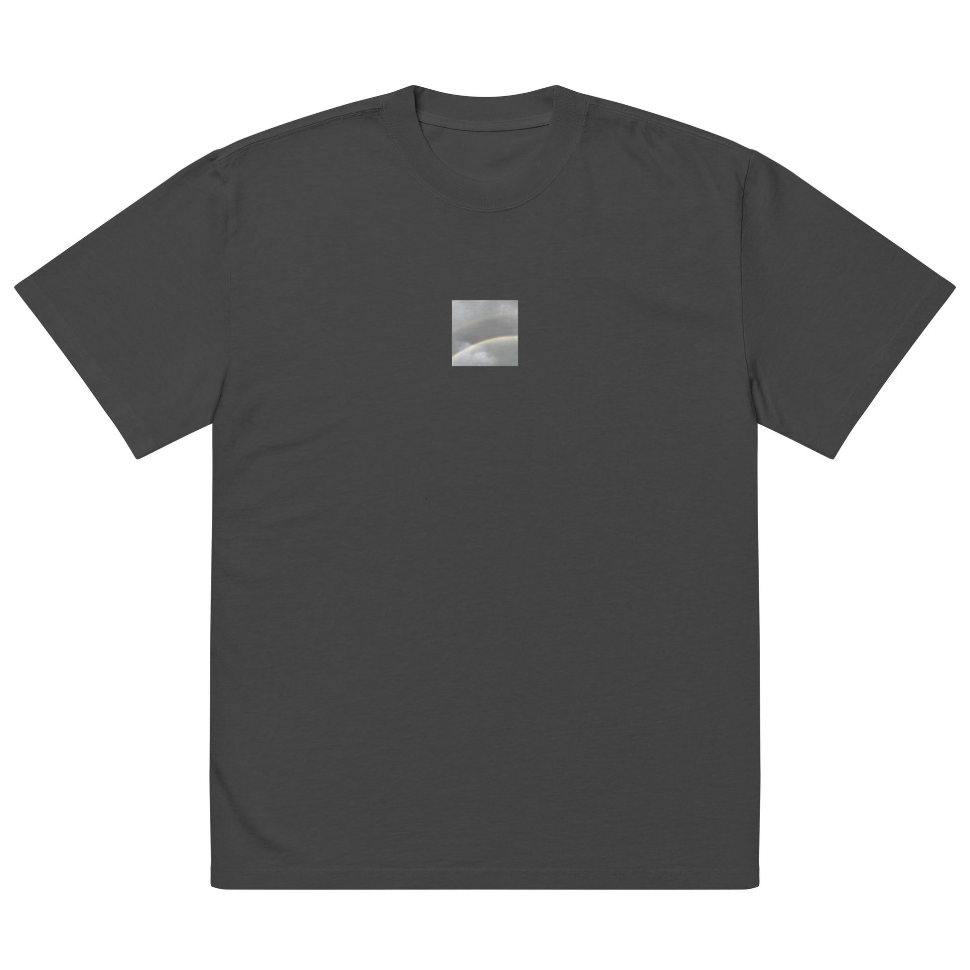 Minimalist streetwear style oversized faded T-shirt in black featuring the 'Double Rainbow' photo art on the front. / モードストリート系オーバーサイズ・フェードTシャツ（ブラック）フロントに「ダブルレインボー」のフォトアートを配したデザイン。
