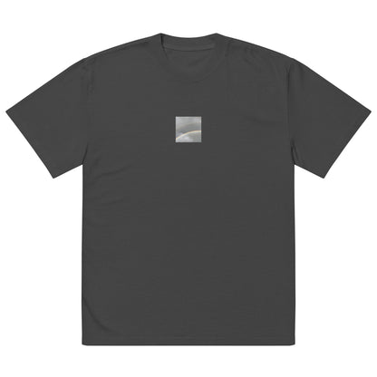 Minimalist streetwear style oversized faded T-shirt in black featuring the 'Double Rainbow' photo art on the front. / モードストリート系オーバーサイズ・フェードTシャツ（ブラック）フロントに「ダブルレインボー」のフォトアートを配したデザイン。