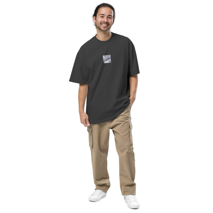Minimalist streetwear style oversized faded T-shirt in black featuring the 'Double Rainbow (B&W)' photo art on the front. / モードストリート系オーバーサイズ・フェードTシャツ（ブラック）フロントに「ダブルレインボー (モノクロ)」のフォトアートを配したデザイン。
