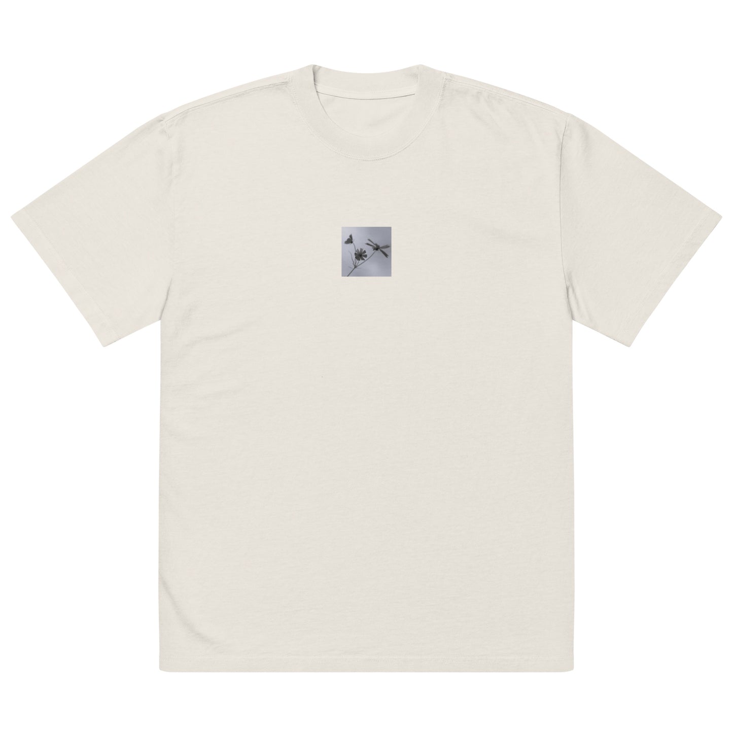 Three Cosmos Flowers Botanical B&W Art – Oversized Faded T-Shirt, Faded Bone, Front View