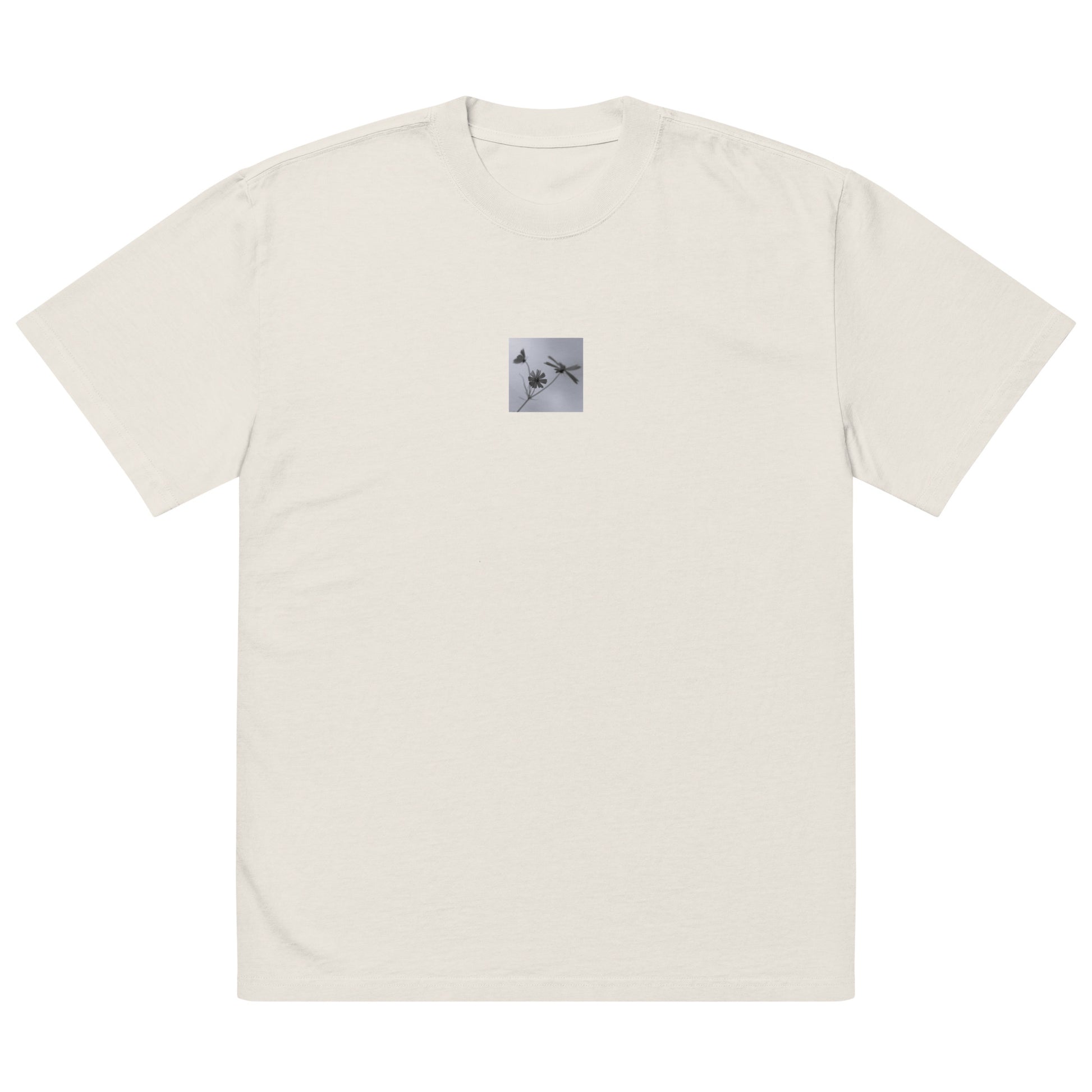 Three Cosmos Flowers Botanical B&W Art – Oversized Faded T-Shirt, Faded Bone, Front View