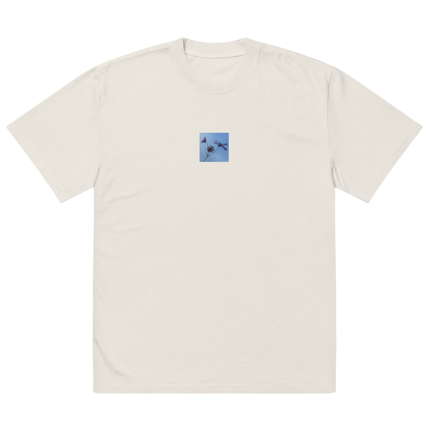 Three Cosmos Flowers Botanical Art – Oversized Faded T-Shirt, Faded Bone, Front View