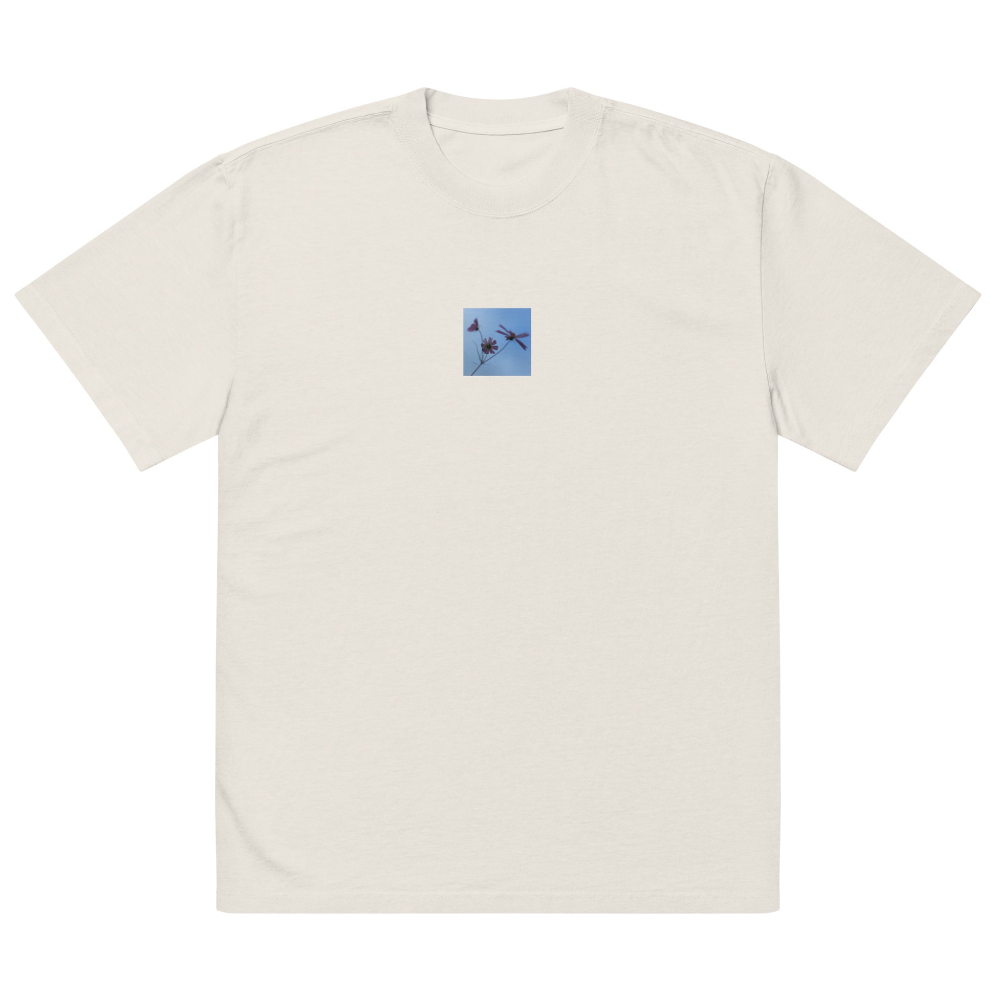 Three Cosmos Flowers Botanical Art – Oversized Faded T-Shirt, Faded Bone, Front View