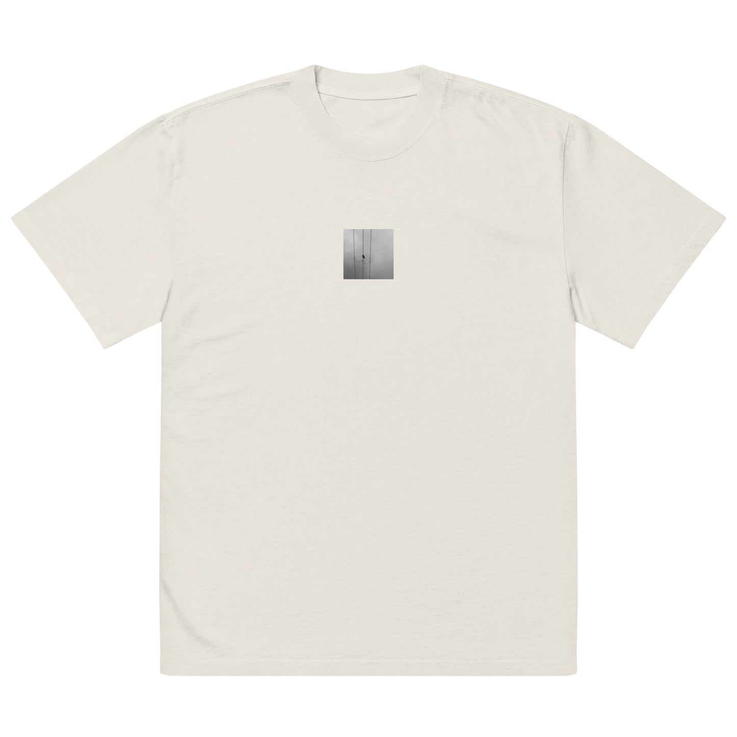 Crow and Power Lines B&W Art – Oversized Faded T-Shirt, Faded Bone, Front View