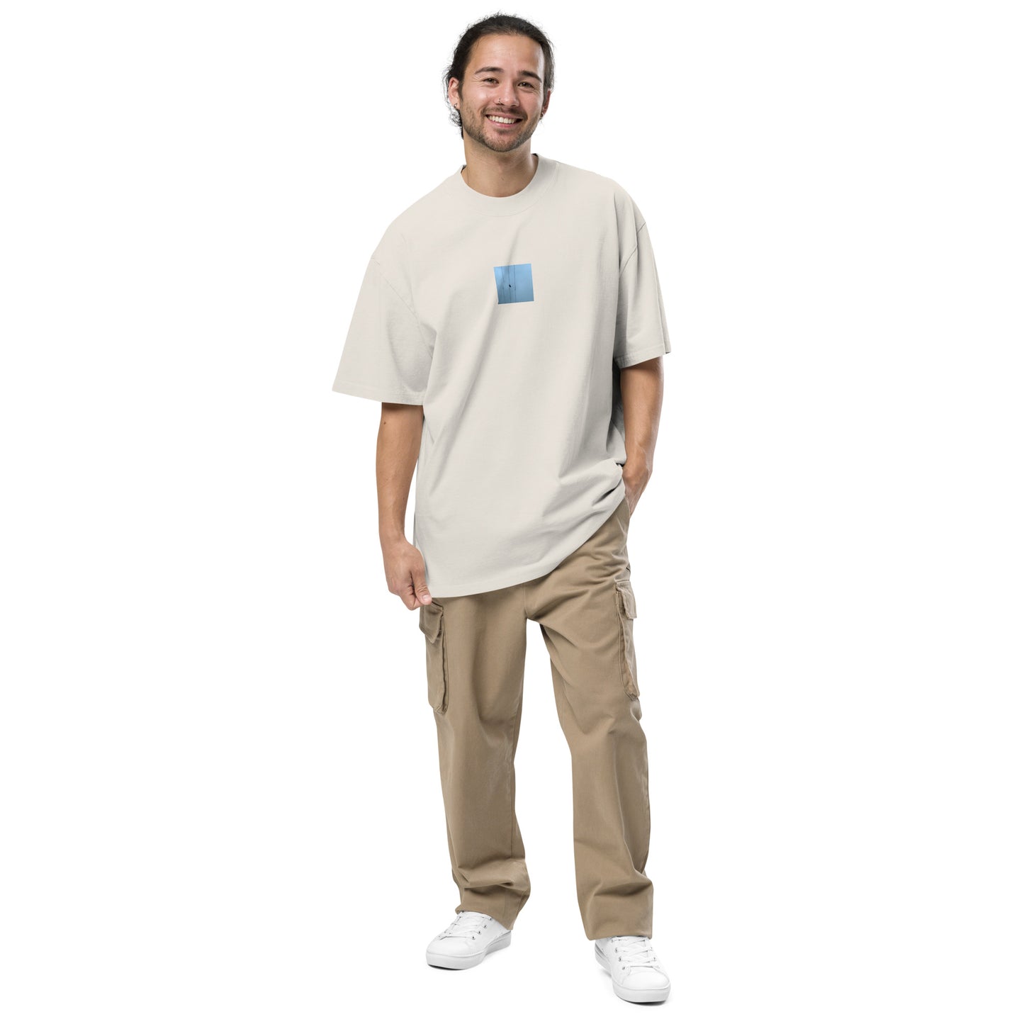 Crow and Power Lines Art – Oversized Faded T-Shirt, Faded Bone, Front View