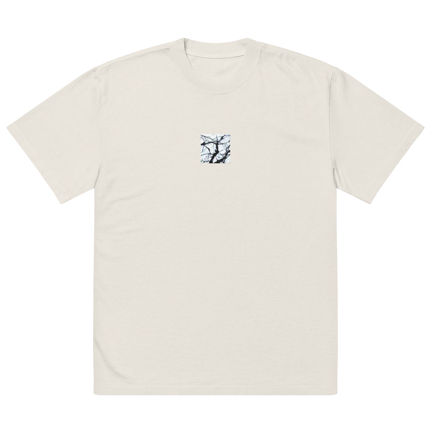 Minimalist mode style unisex faded bone oversized faded t-shirt with a 'Bare Tree' art print / モードストリート系ユニセックス・フェイデッドボーン・オーバーサイズ・フェイデッドTシャツ、フロントに「Bare Tree（枯れ木）」のアートプリント（Tシャツ）
