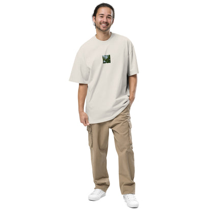 Minimalist streetwear style unisex oversized faded T-shirt in washed bone, featuring a 'Tree Branches' botanical print on the chest. / Tree Branches オーバーサイズ・フェードTシャツ（フェードボーン）：クリーンで洗練されたウォッシュ加工済みの、モダンなモードストリート系Tシャツ。